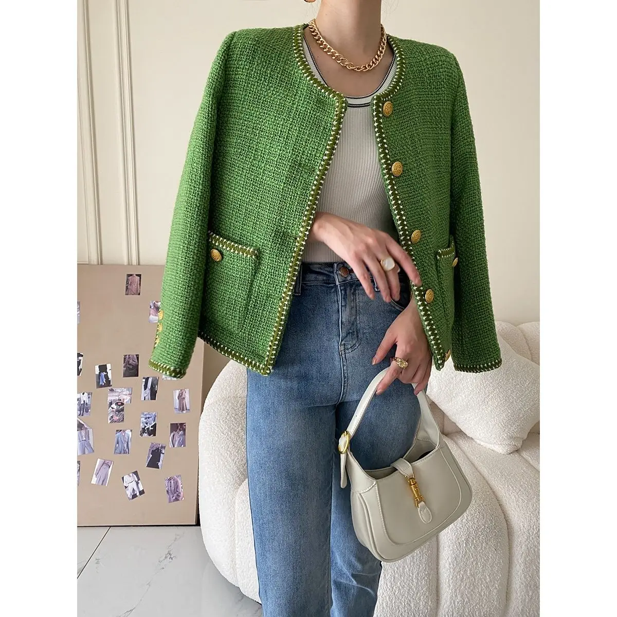 Jaqueta de Tweed cortada feminina, casaco verde com botões, estética elegante e chique, tendência curta, moda coreana, inverno, outono, 2024