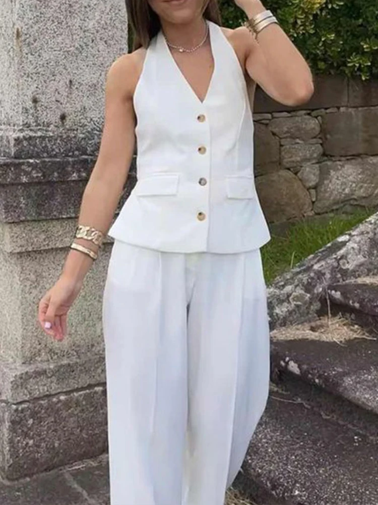 HH Women\'s 2-Piece Chic Single Breasted Pockets Sleeveless Halter Vest + High Waist Zippered Pockets Slim Fit Wide Leg Pants