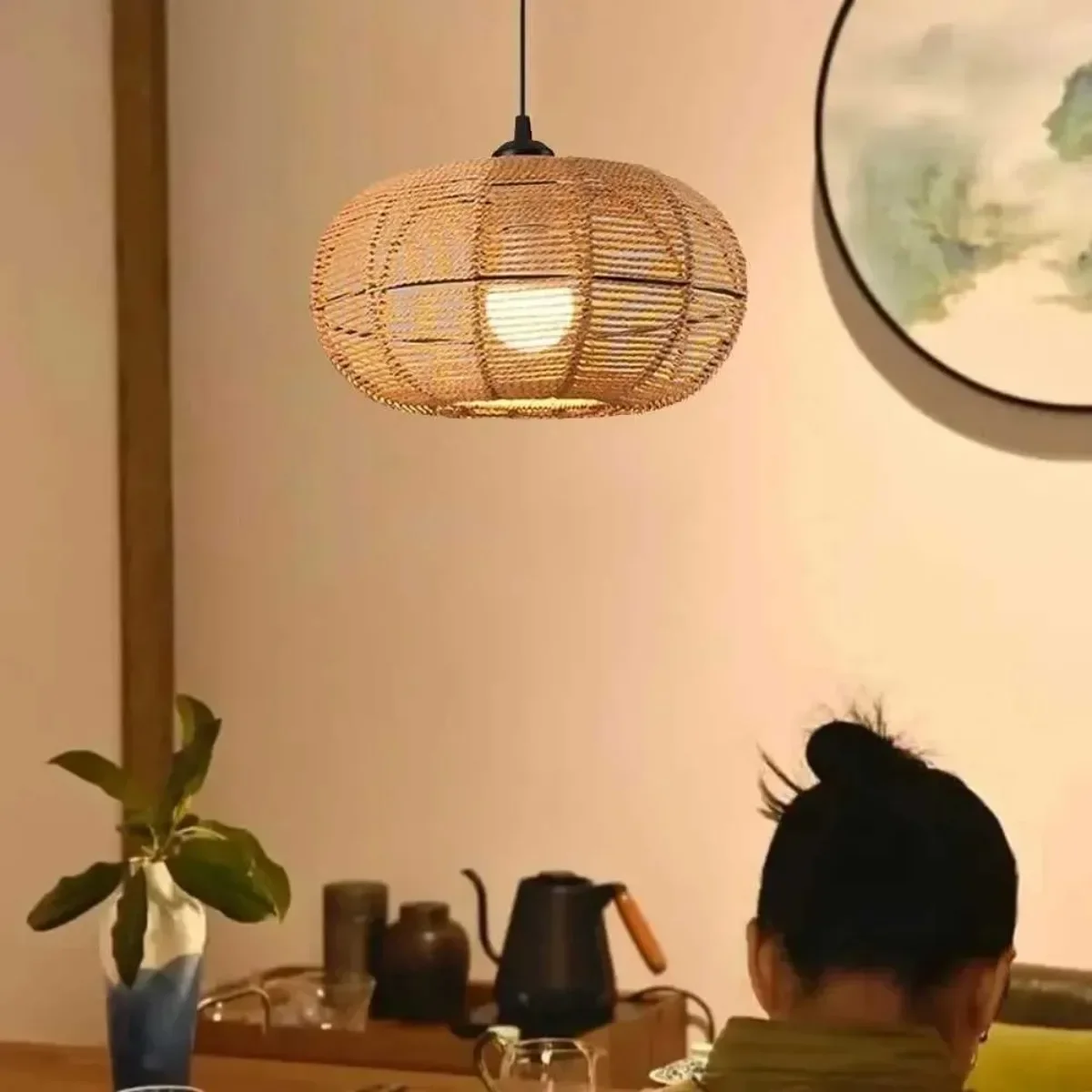 Wabi Sabi Rattan Chandelier Pendant Light E27 Ambient Warm Home Lighting for Bedroom Living Room Retro Paper Rope Suspension