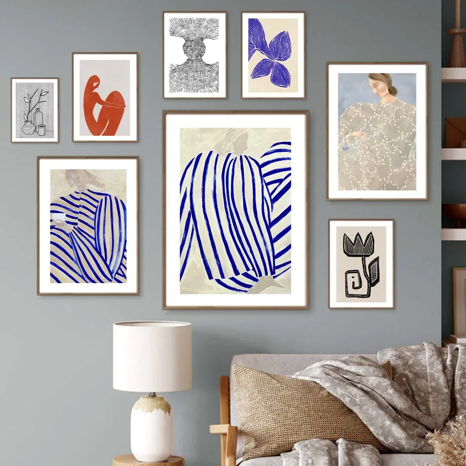 

Abstract Woman Wall Art Print Jellyfish & Coffee Flower Leaves Striped Sleepwear Girl Canvas Painting Living Room Decor Poster