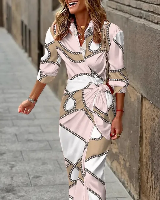 Nowa damska wiosenna letnia z nadrukiem z długim rękawem i klapami Casual Shirt Dress Ladies Jednorzędowy kardigan Nieregularna sukienka