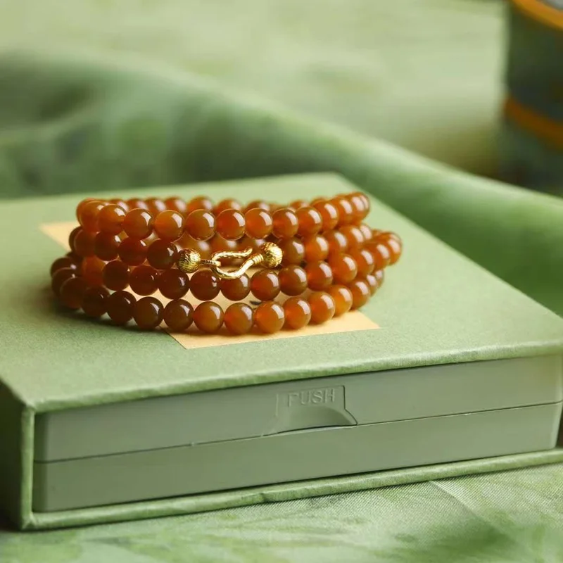 

Natural Hetian Qie Mo Old Material Full Red Sugar Jade 108 Bead Chain Multi-Use Necklace