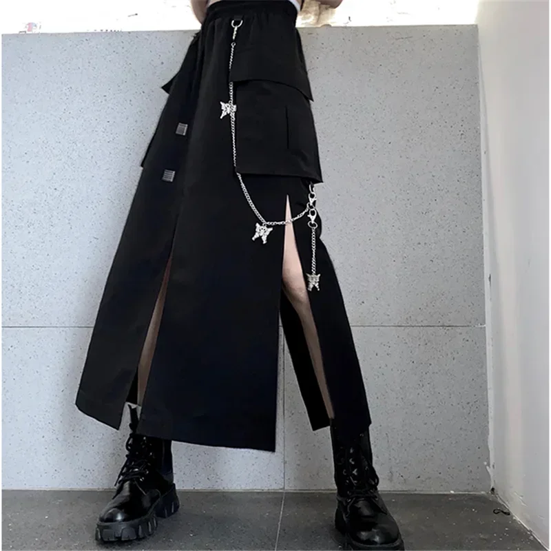 Stylish Black Long Skirt Metal Chain Decoration Side Slit Hem Korean Streetwear Casual Plus Size Women Spring Autumn Outfit
