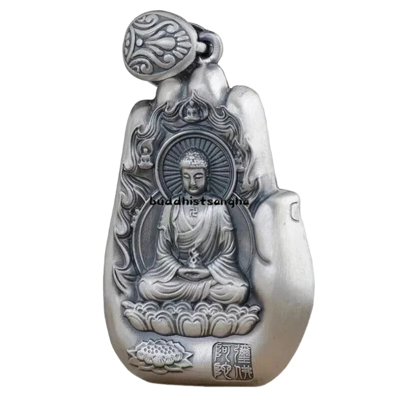Tibetan Silver Eight Buddha Statue Amulet Pendant Silver Buddha Statue Charm In Palm Shape Buddhist Pendant