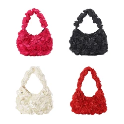 Trendy 3D Rose Flower Sequined Satin Handbag Women Elegant Wedding Banquet Prom Party Clutch Purse Lightweight Small Evening Bag