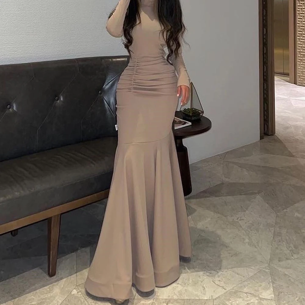 

Classic Mermaid Floor Length High Neckline Jersey Long Sleeves Pleats Evening Dress Fashion Photo Color فساتين سهره نسائيه فخمة