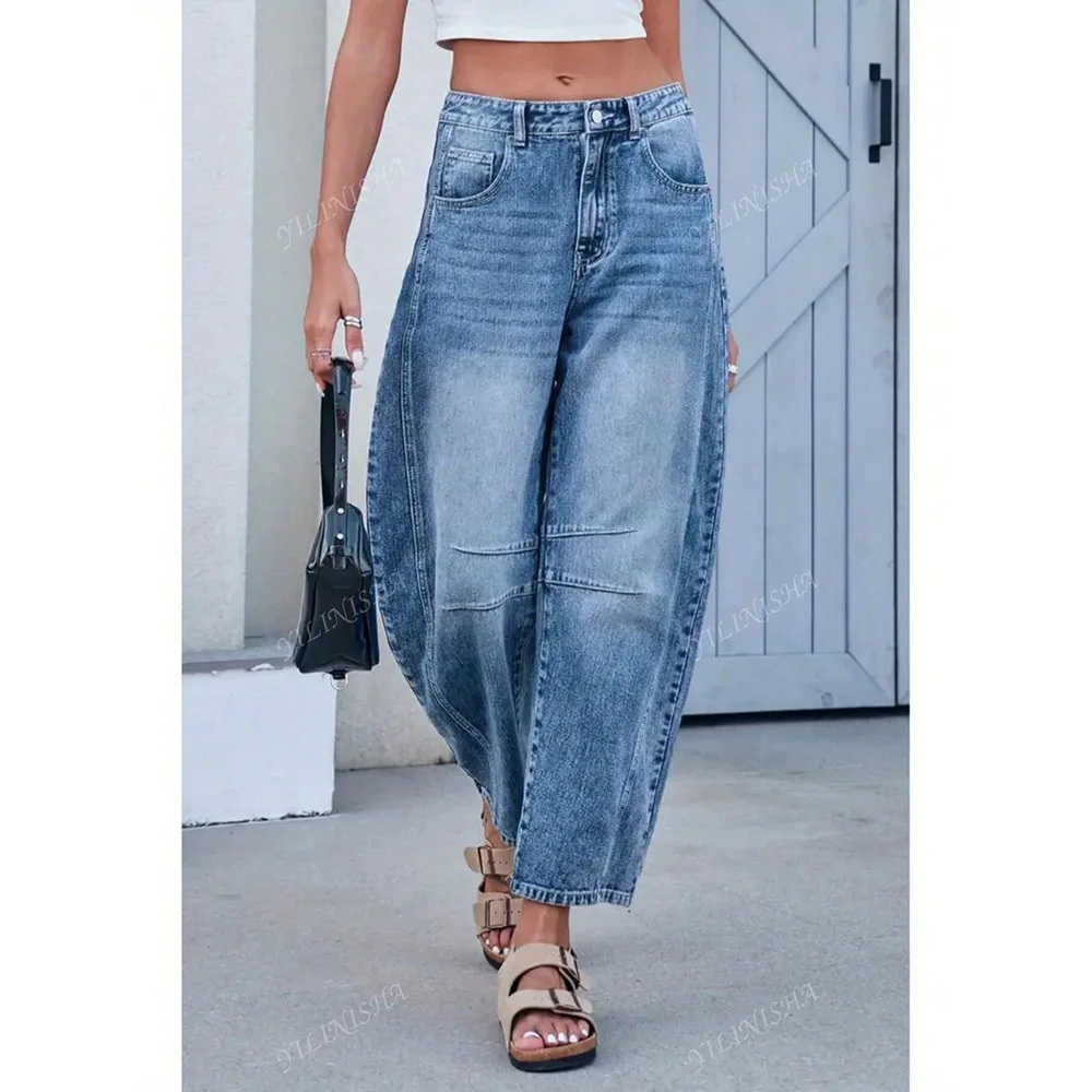 Jeans larghi a gamba dritta da donna di nuovo stile drappeggiati pantaloni lunghi per il tempo libero a gamba larga lavati pantaloni da donna in denim a vita alta