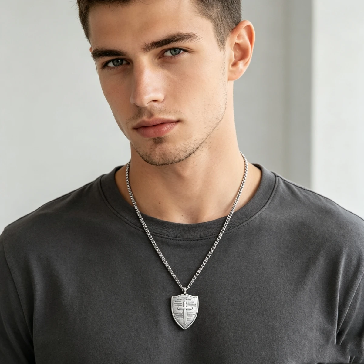 HNSP 316L Stainless Steel Armor of God Shield Cross Necklace for Men Waterproof Bible Verse Religious Pendant Jewelry Gift