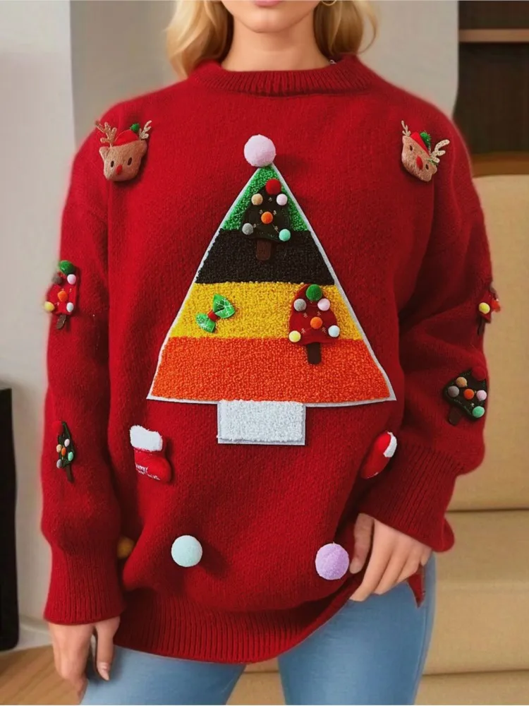 

Color Christmas Tree Jacquard Knitted Sweaters Women Three-dimensional Decoration O Neck Long Sleeve Pullover Sweater Female New