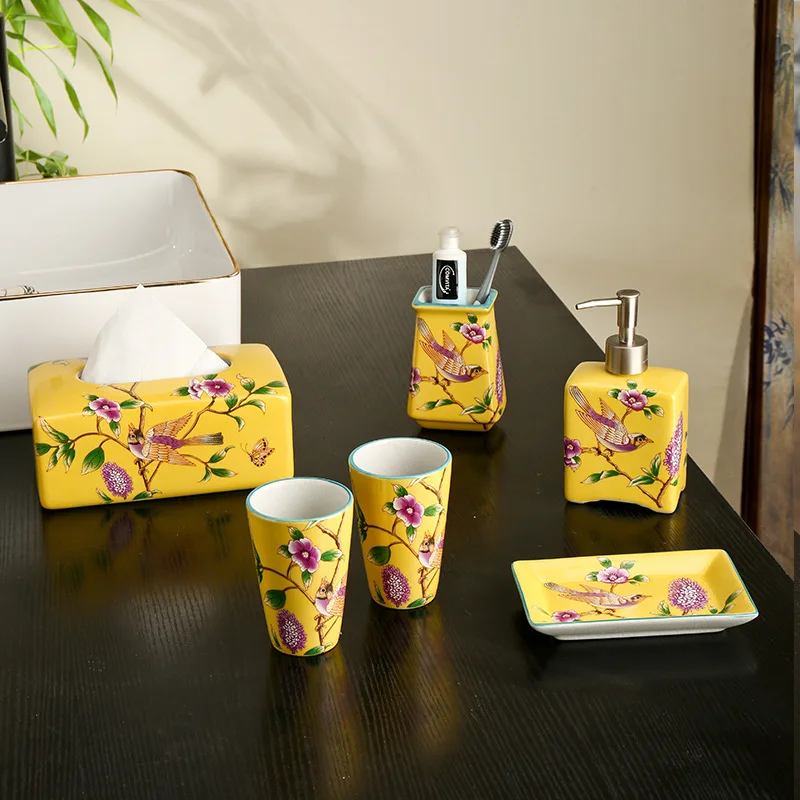 Ceramic 5-piece Bathroom Set with Rinse Cup Toothbrush Cup Pump Soap Dispenser Portable Lotion Bottle Bathroom Accessories