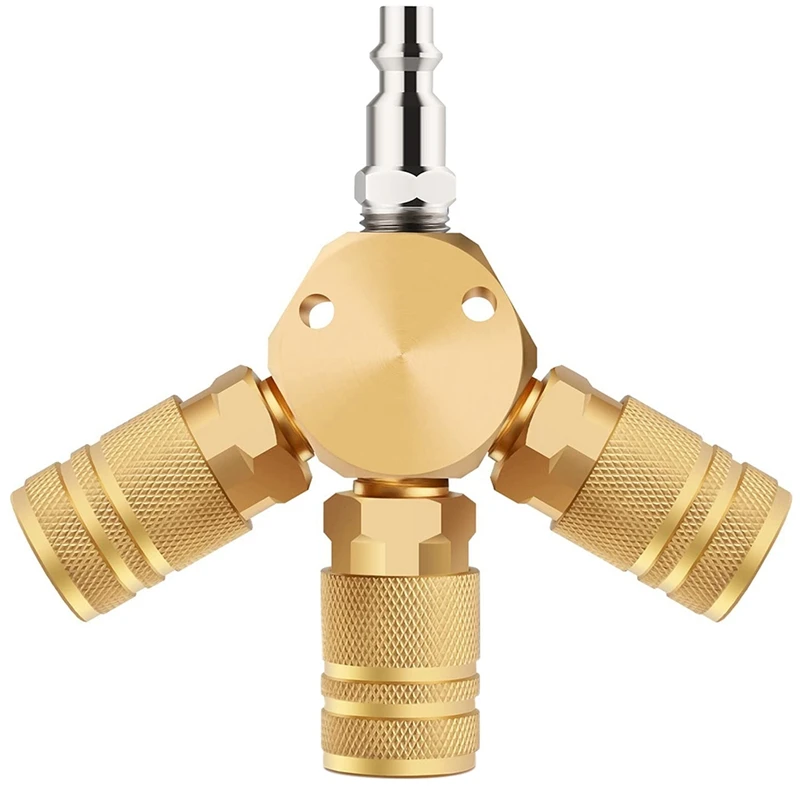 Air Splitter, 3-Way Air Manifold With 3 Pieces Brass Industrial Coupler And 1/4Inch Male NPT Plug, Quick Connect Fitting