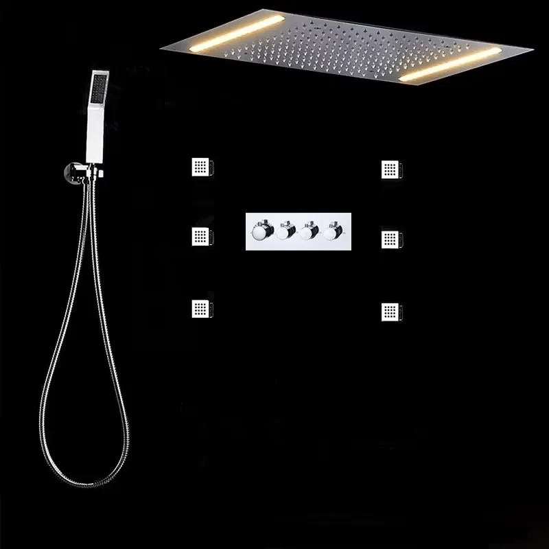 Modern Ceiling Hotel Bathroom Complete Head Wall Jets Hand Bath Rain Shower LED Thermostatic Faucet Mixer Set
