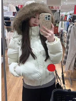 Autumn Winter Fur Hooded Jacket Women Outerwear Thick Dowon Cotton Padded Slim Short Parkas Female Cropped Puffer Bubble Coat 5