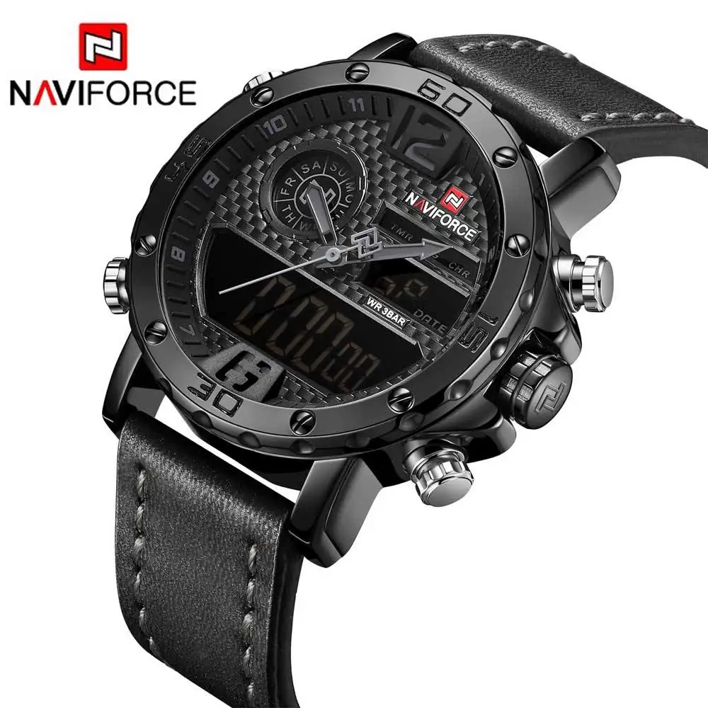 NAVIFORCE NF9134 western dongguan man watch original Leather Strap 2 time zone chronometer water resist Calendar wristwatch set