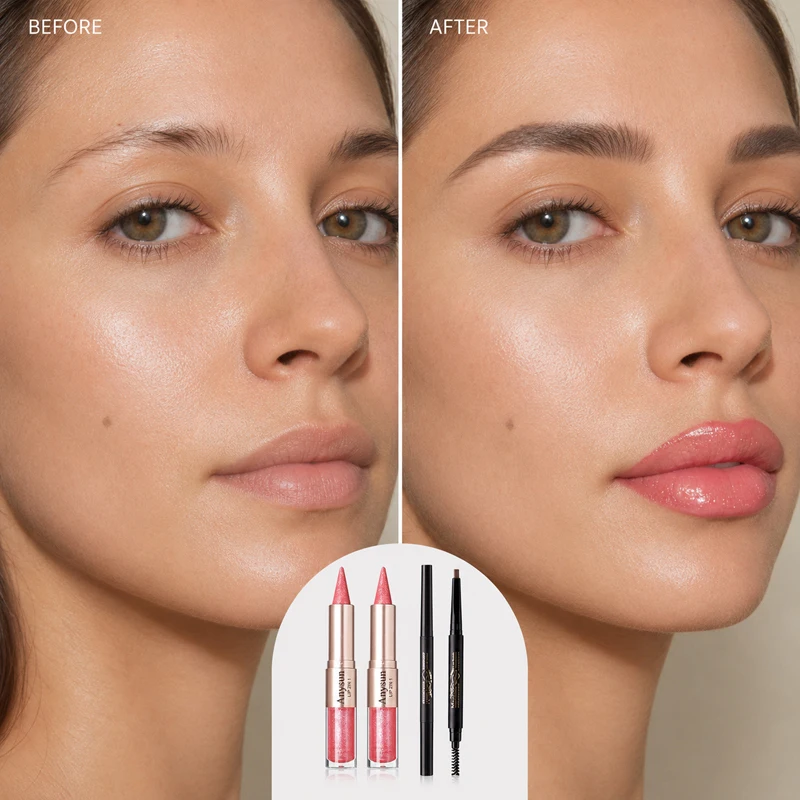 4PCS Lip Gloss Eyebrow Pencil Makeup Set, 2-Pack 2-in-1 Double Ended Lip Liner & High Shine Gloss + 2-Pack Dual Ended Waterproof Brow Pencils with Angled Tip & Spoolie, Long Lasting Smudge-Resistant Lip and Brow Kit for Easy Natural Makeup for Women
