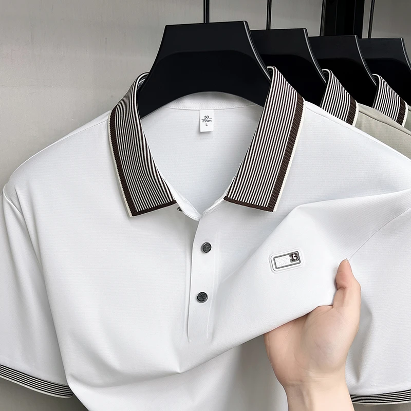 High end brand embossed men polo shirt short sleeve summer ice silk breathable casual fashion personality striped lapel T-shirt