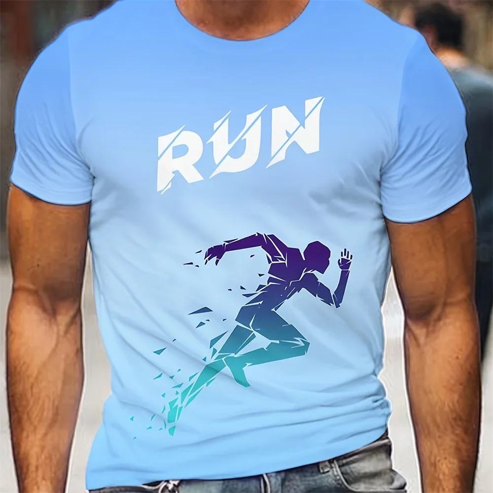2026 Fashion Men's RUN Broken Runner Silhouette Graphic T-Shirt Gradient Blue Athletic Short Sleeve Tee Marathon Training Tops