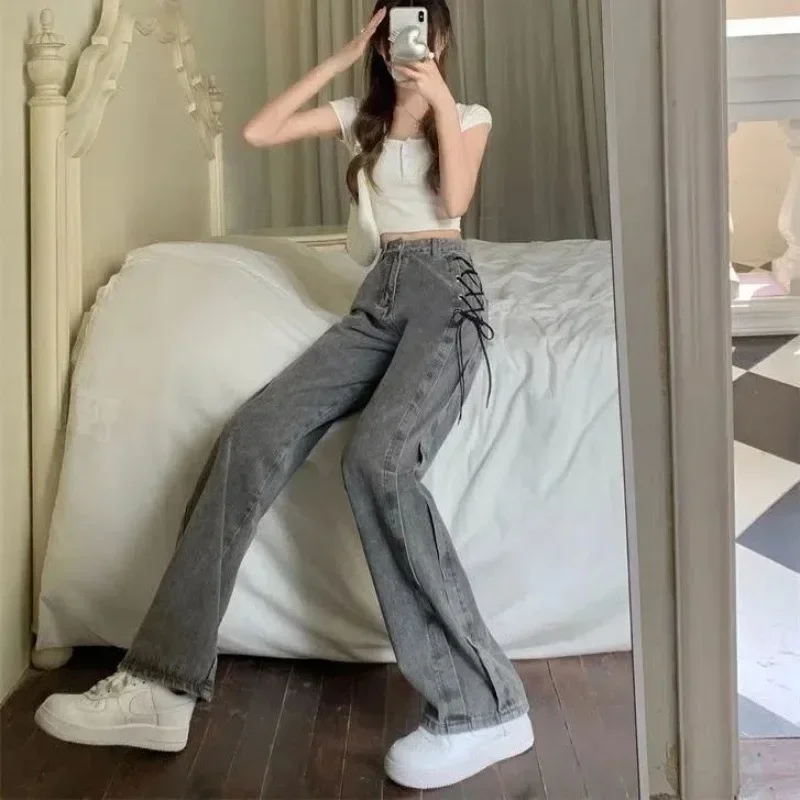 Black Gray Lace Up Design Jeans Women Vintage High Waist Straight Denim Pants Female Autumn Winter New Wide Leg Trousers Y2k