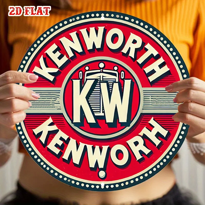 مسطح ثنائي الأبعاد، قطعة واحدة من علامة Kenworth KW المستديرة من الألومنيوم - لوحة فنية جدارية معدنية بشعار جريئة، ديكور ريفي على الطراز الكلاسيكي للمنزل، المرآب،