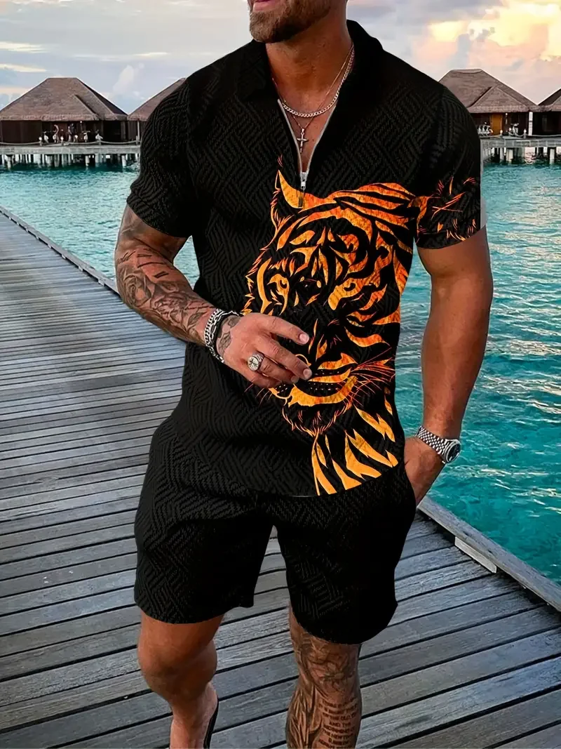 Tiger Print Men's Polo Set Summer Polo Shirts Shorts 2 Pcs Set Tracksuit Casual Outfit Male Polo Shirt Suit Streetwear Clothing