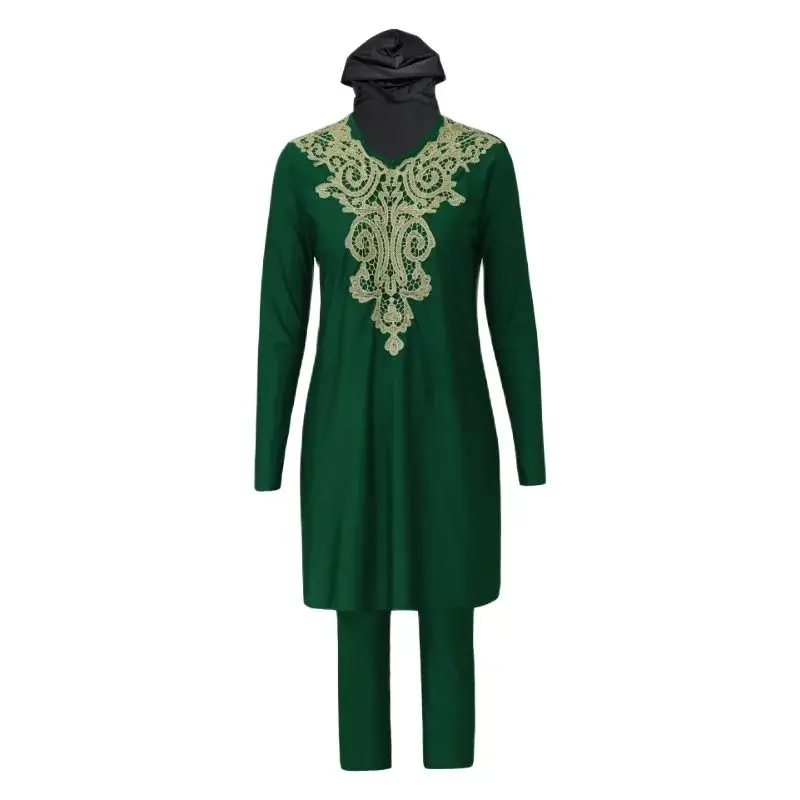 

Burkini Met Hijab Sun-proof Muslim Swimwear High Elasticity Embroidery Full Coverage Three-piece Suit Burkini Muslim Swimwear