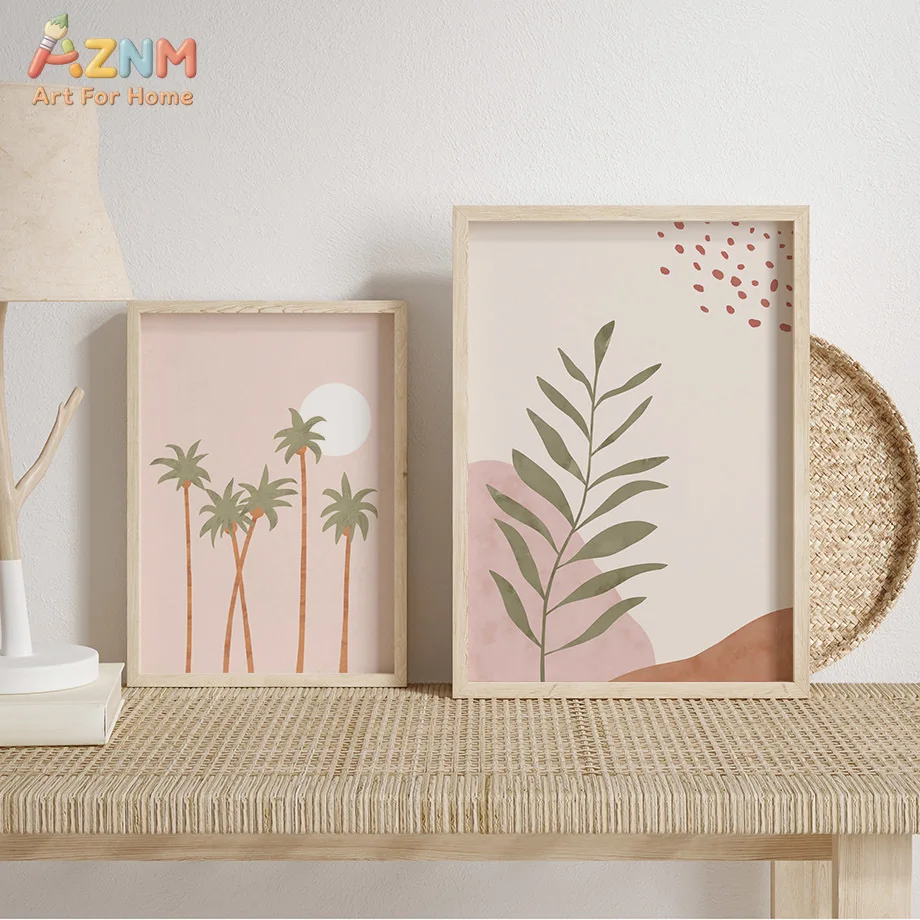 AZNM Boho Terracotta Floral Mountain Landscape Canvas Wall Art, Minimal Woman Palm Tree Botanical Aesthetic Home Decor Unframed
