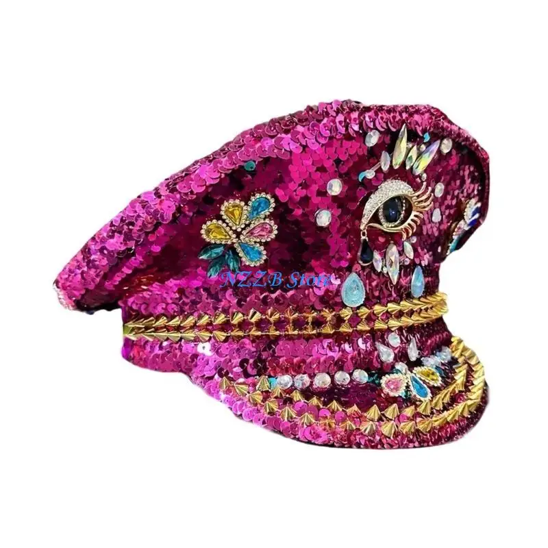 T21F Sombrero capitán con diamantes imitación coloridos incrustados con diamantes imitación para mujer, ropa fiesta,