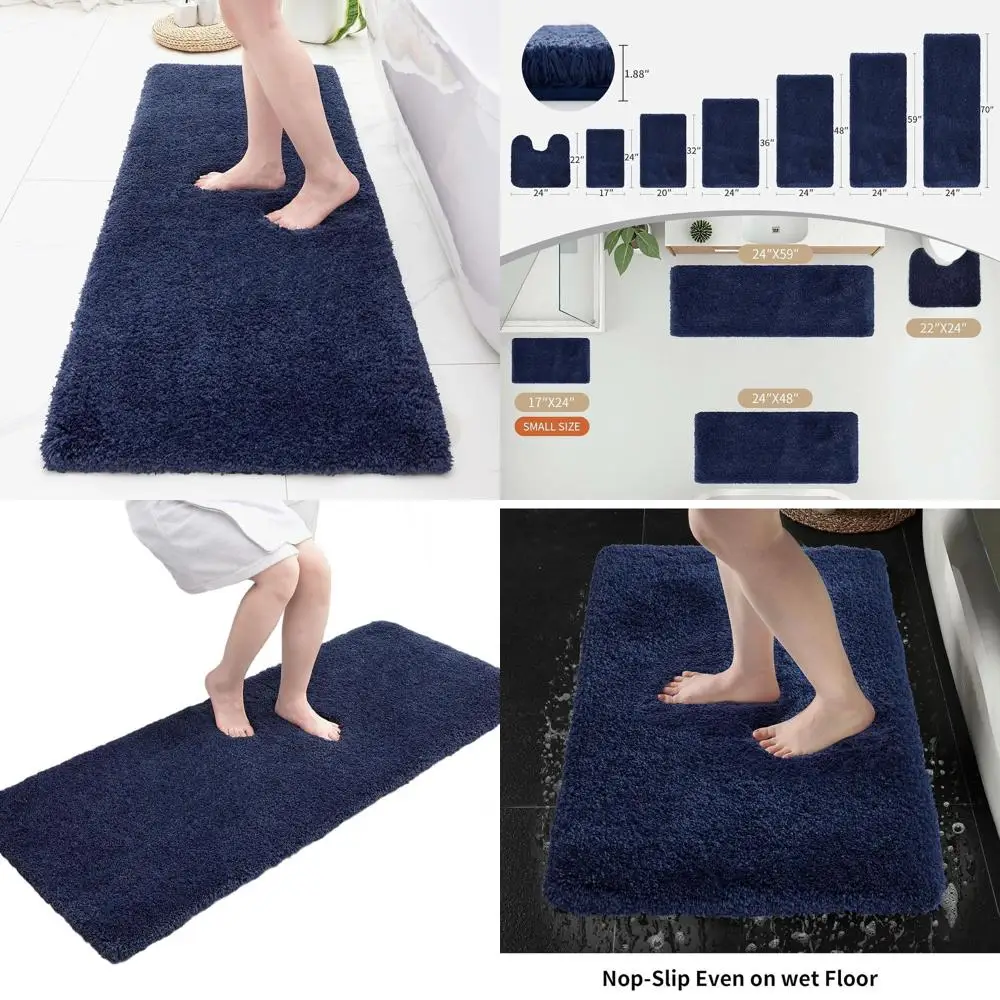 

Navy Blue 24x70 Non-Slip Plush Bath Runner Mat - Washable, Luxurious, Absorbent for Bathroom & Shower