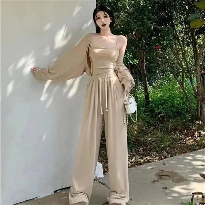 Fashion Age Reducing Set Women's New Spring/Summer Korean Versatile Strap Cardigan Wide Leg Pants Casual Three Piece Set Women's