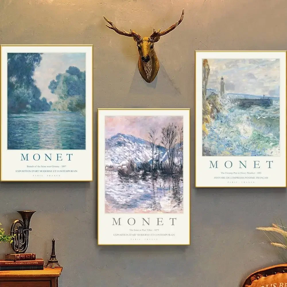 Vintage Claude Monet Abstract Landscape Exhibition   Poster Self-adhesive Art Waterproof Paper Sticker House Bar Room Wall Decor