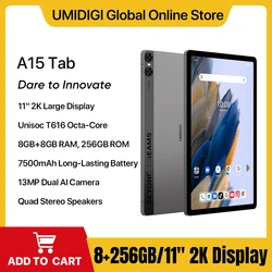 UMIDIGI A15 탭 스마트 태블릿, 안드로이드 13, 16GB(8 + 8G 확장) RAM, 256GB ROM, 11 인치, 7500mAh, 2K HD, 20W, 13MP 카메라, Unisoc T616 태블릿