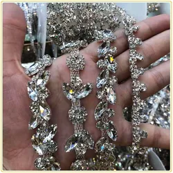 Catena di strass a foglia nastro da cucito lucido placcato argento applique decorativa in metallo di cristallo per accessori per collana di nozze 45cm