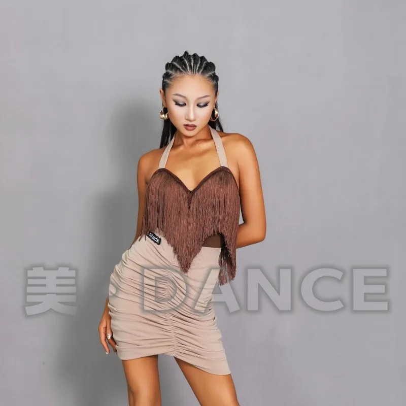 Customized Latin Dance Skirt Women's Adult Practice Dress Performance Dress Strap Tassel Top Folded Hip Wrapping Half Skirt Set