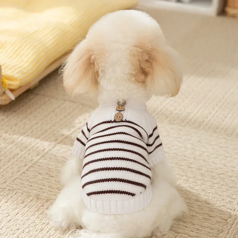 Simple Striped Button Sweater for Dogs in Autumn and Winter Cat Warm Teddy Warm Knit Sweater Pet Clothes Puppy Clothes