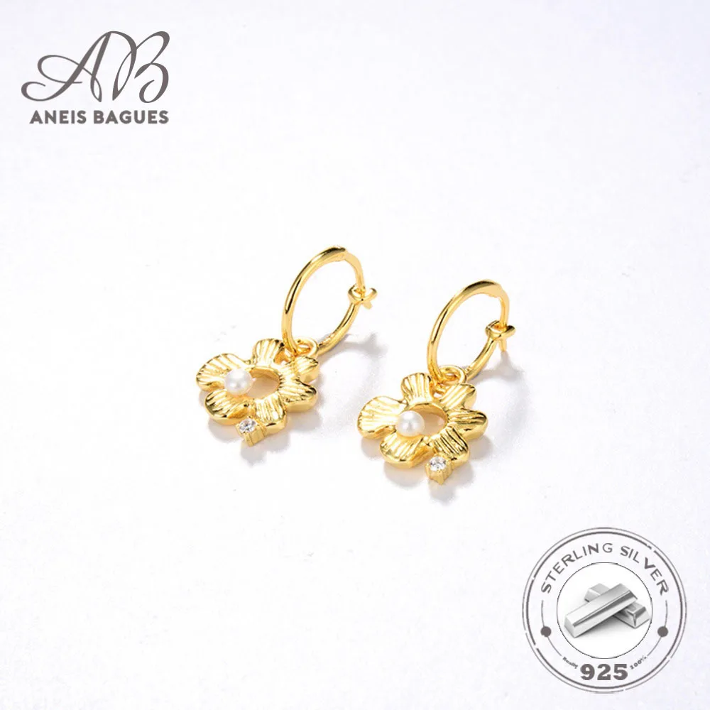 

Aneis Bagues New French Small Golden Flower 925 Sterling Silver 18K Gold Plated Freshwater Pearl Earrings For Women Jewelry Fine