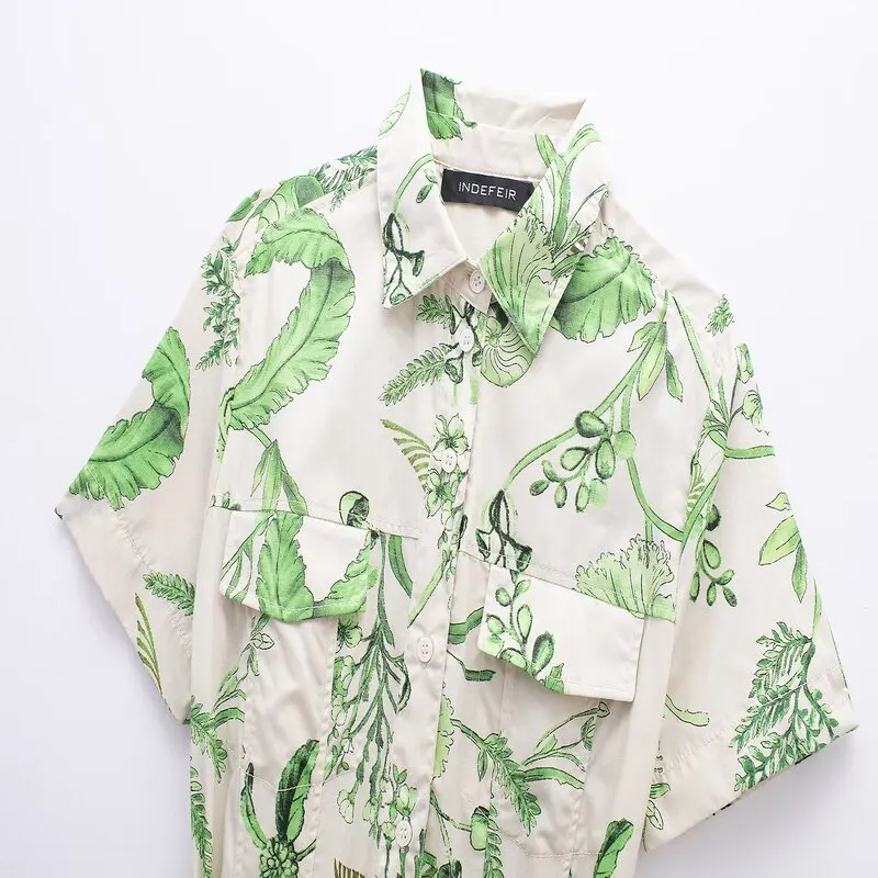 Summer 2024 Women's Slimming Versatile Floral Print irt Dr Midi Length Single Piece  Collar ort Sve Other Material