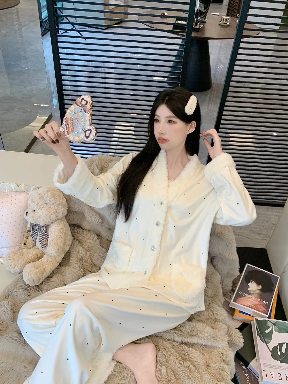 

Комплекты пижам женские оверсайз из льна, облегающие, забавные, для подростков, с карманами, универсальные, с завязками спереди, рукав три четверти, полная длина, зимние, черные