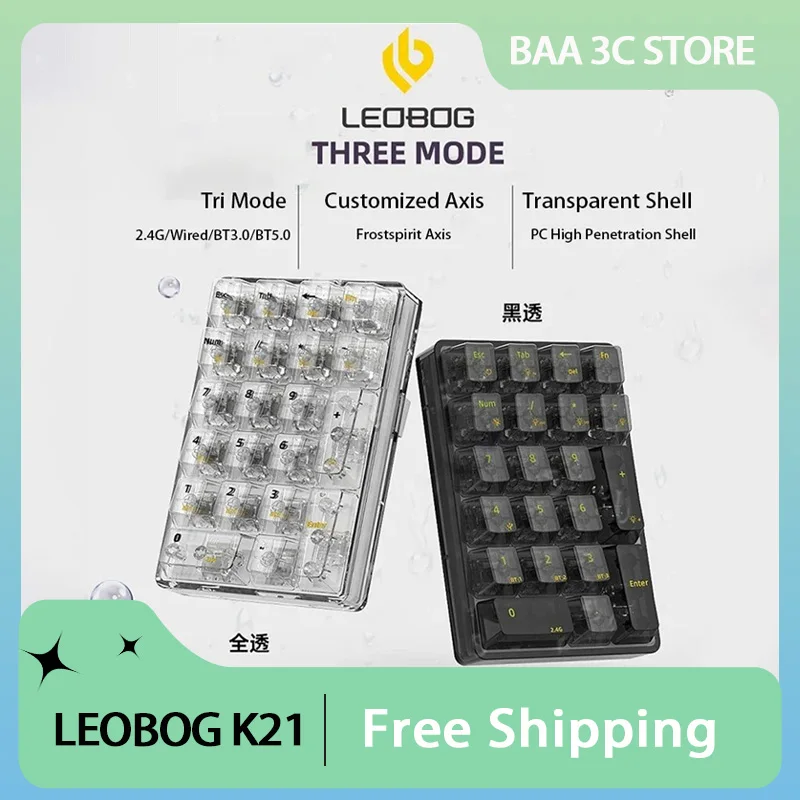 LEOBOG K21 Bluetooth Number Mechanical Keyboard Three-mode 21-key Customized RGB Hot Swap Transparent Keycaps Mini Keyboard