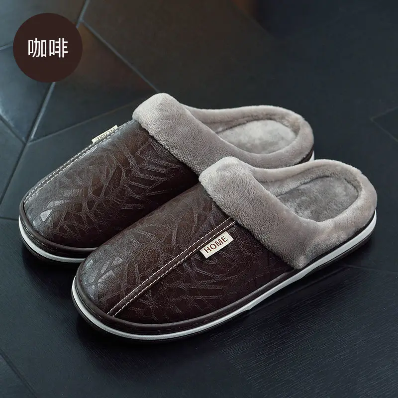 Winter Warm Slippers Shoes for Men Large Size 47 48 49 50 Home Waterproof Pu Leather Bedroom Casual Shoes House Indoor Slides