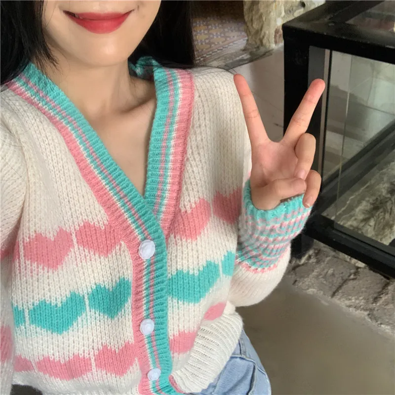 Sweaters Korean Fall Winter Preppy Style Sweet Kawaii V-Neck Heart-shaped Jacquard Full Sleeve Knitting Pullover Sweater Female