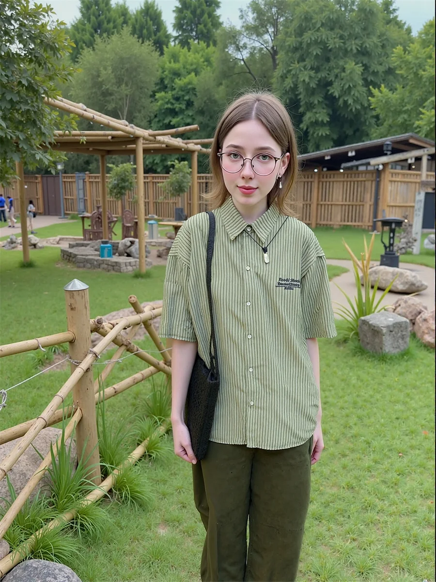 قصيرة الأكمام النساء قمصان الحفلات السيدات مخطط خط عمودي طباعة زر الجبهة عادية بسيطة الأساسية الحد الأدنى قمة الموضة #4