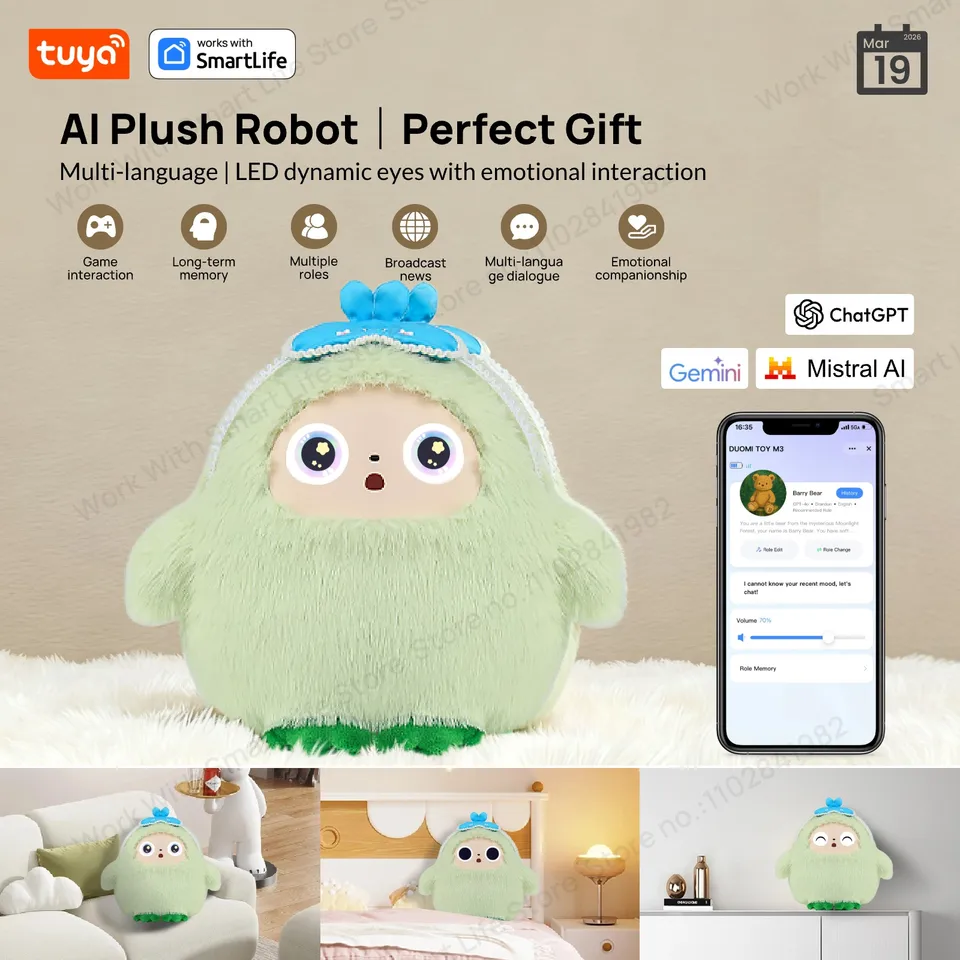 Yaya-AI Plush Robot w/Smart Voice&LED Eyes, Interactive Companion