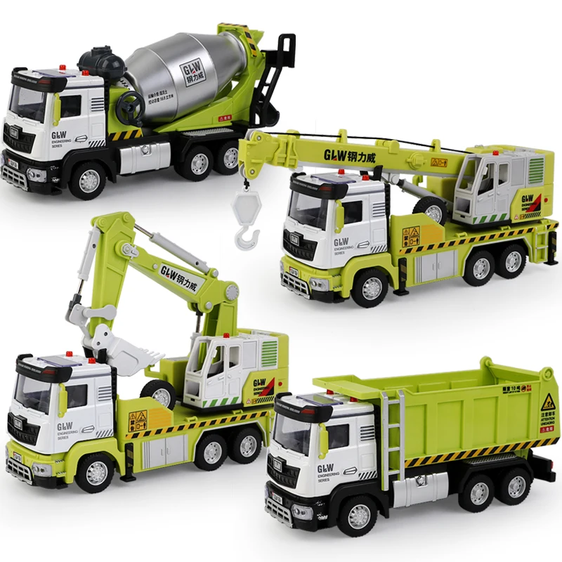 1:40 5 Styles Green Vehicle Pullback Light and Sound Diecast Crane Engineering Truck Construction Alloy Toys for Children Gifts