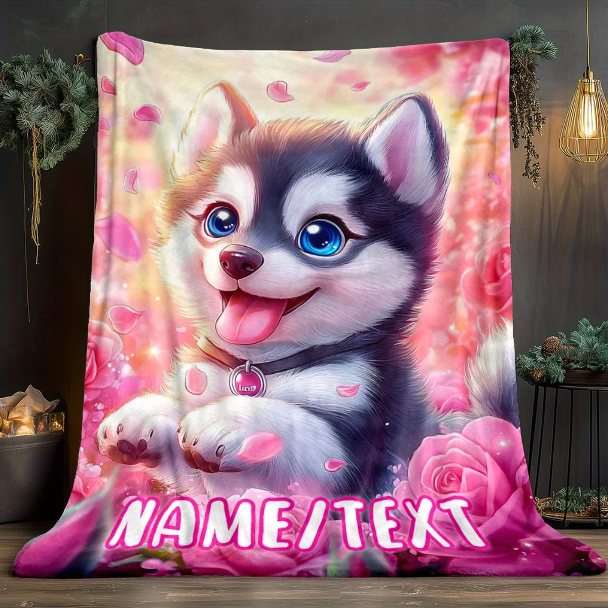 

1pc Customizable Husky Portrait Blanket - Lightweight, Soft & Warm Flannel Throw with Vibrant Pink Roses & Hearts Design, Person