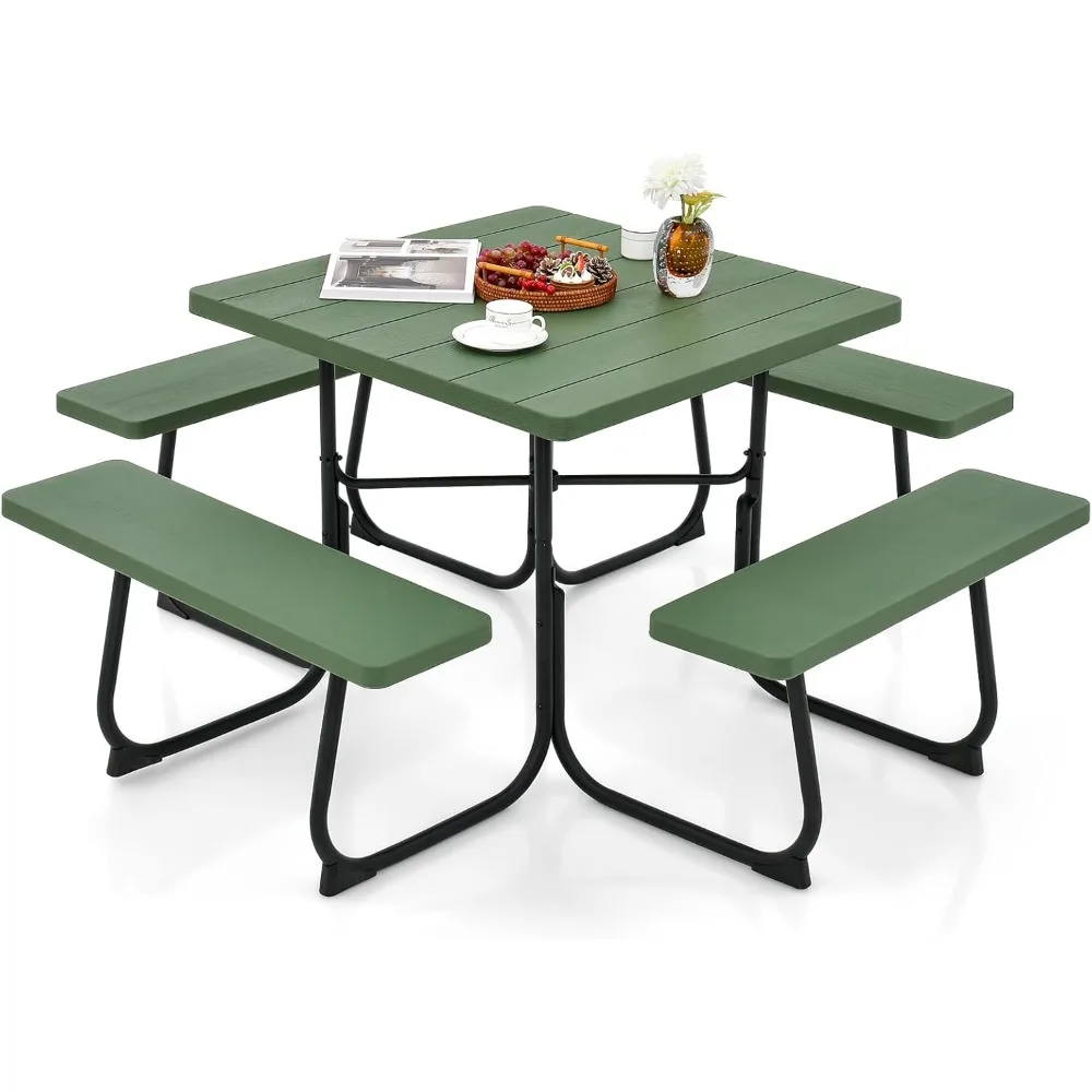 Picnic Table Set for 4-8 Persons, Outdoor Table and Bench with Umbrella Hole, Top & Metal Frame