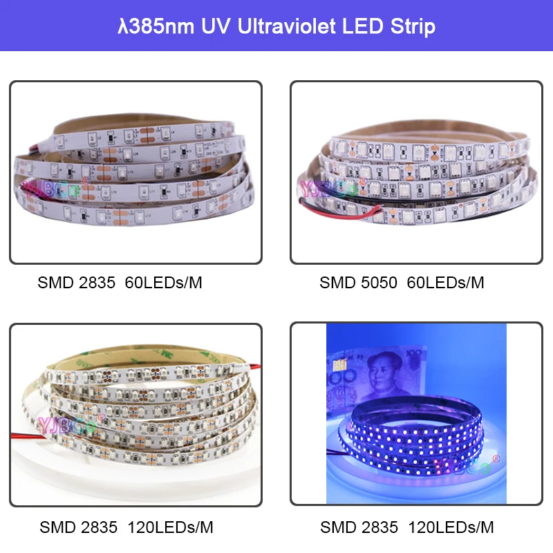 

12V 5M UV Ultraviolet 385nm LED Strip tape 60led/m 120led/m 5050 2835 SMD Purple Light Bar for DJ Fluorescence party IP20/IP65