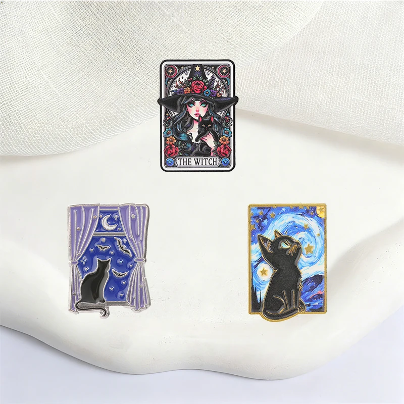 Gothic Witch Tarot Card Cat Badge Starry Sky Window Scene Enamel Pins Fashion Lapel Metal Brooch Backpack Clothes Jewelry Gift