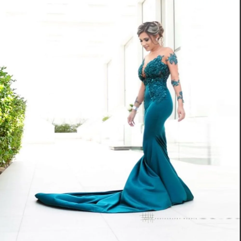 Robe de soirée de forme sirène, personnalisée, élégante, manches longues, avec des Appliques en dentelle, col transparent, en Satin, avec traîne, robe de bal