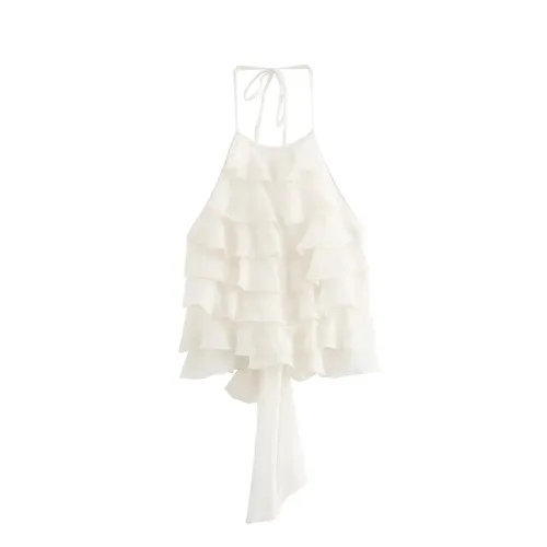 Tops con cuello Halter para mujer, dulce con cordones, sin mangas, sin espalda, lazo en capas, decoración con hombros descubiertos, 2024