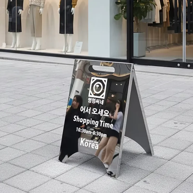 Customized advertising outdoor display stainless steel a-frame sidewalk sign bracket mirror a-frame sign